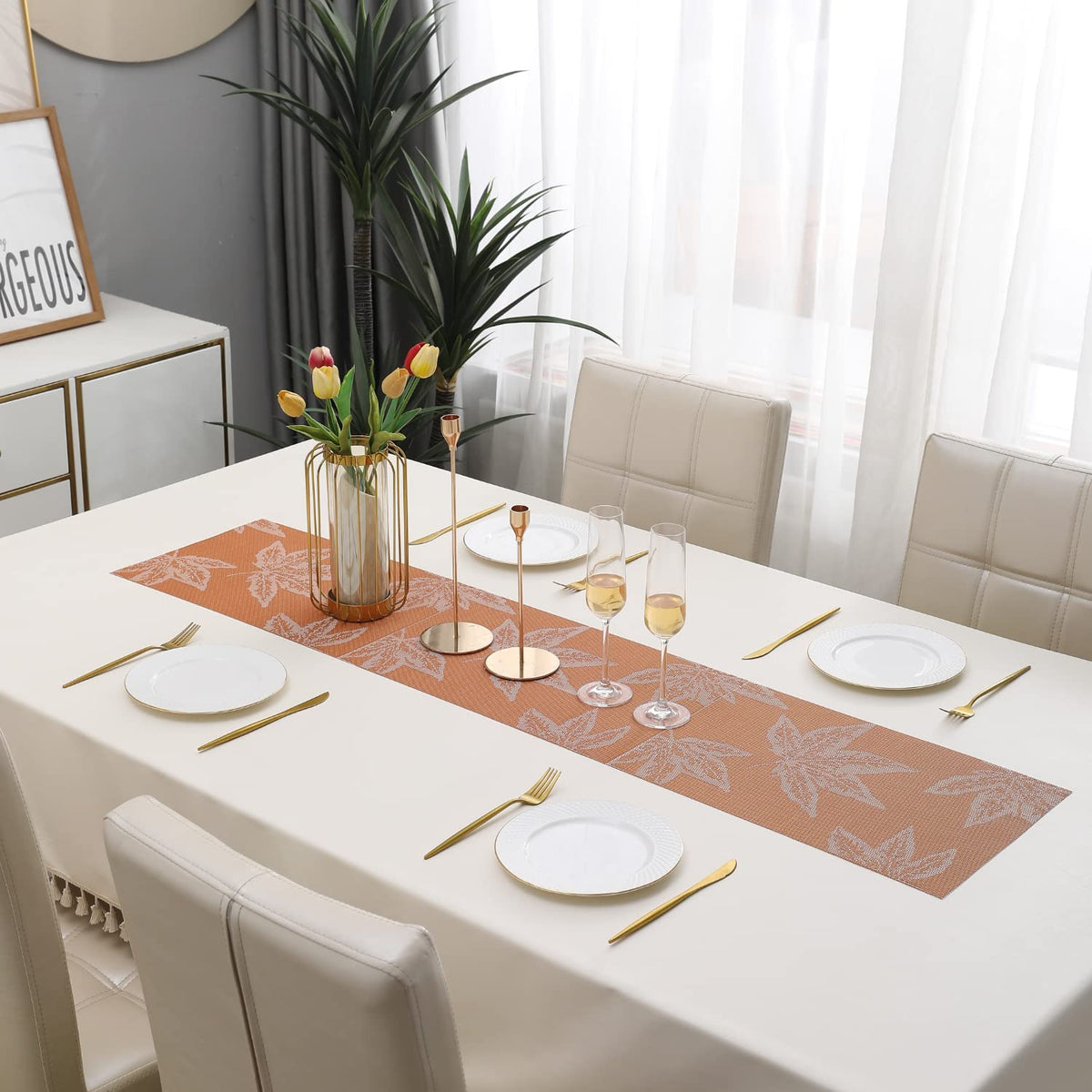Buy Orange Maple Leaf Colour PVC table runner for dining table | HOKIPO