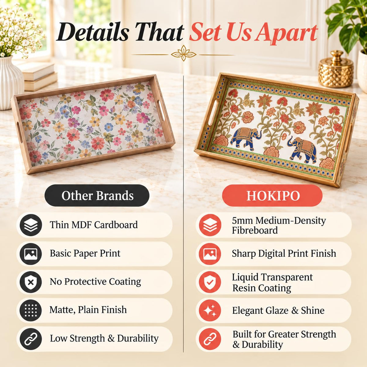HOKIPO Serving Tray Set of 3, Engineered Wood, Royal Gulistaan - image 4