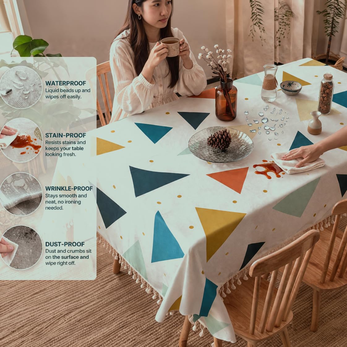 HOKIPO ShieldQuilt Table Cloth with Tassel Edge for 4/6 Seater, Modern Triangle - image 4