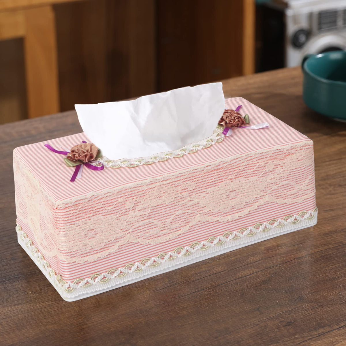 Plastic Tissue Paper Box Holder, Striped Pink