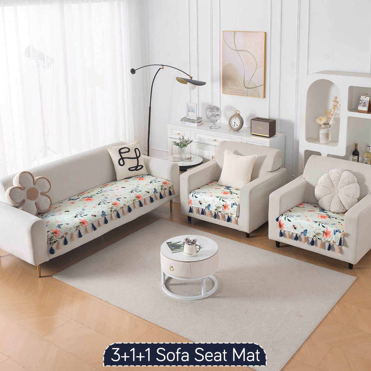 'Whispers of Nature' Series Holland Velvet Sofa Seat Mat with Tassel, Pastel Butterfly Meadow