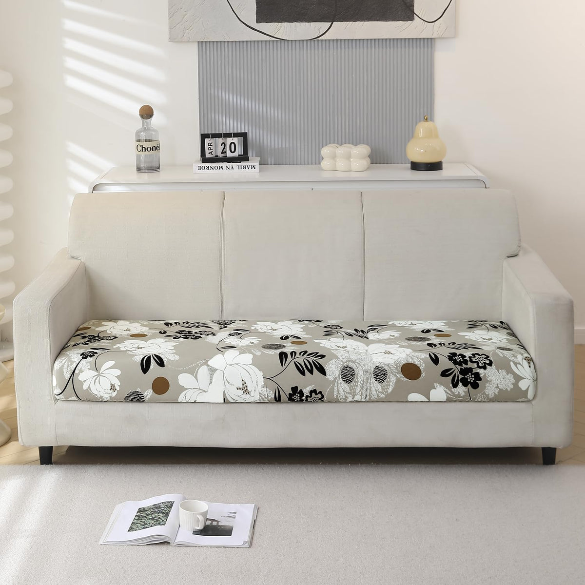 140 GSM Stretchable Printed Elastic Sofa Cushion Seat Cover for 1 /2 /3 Seaters / Pieces for Sofa, Feather Brown Floral
