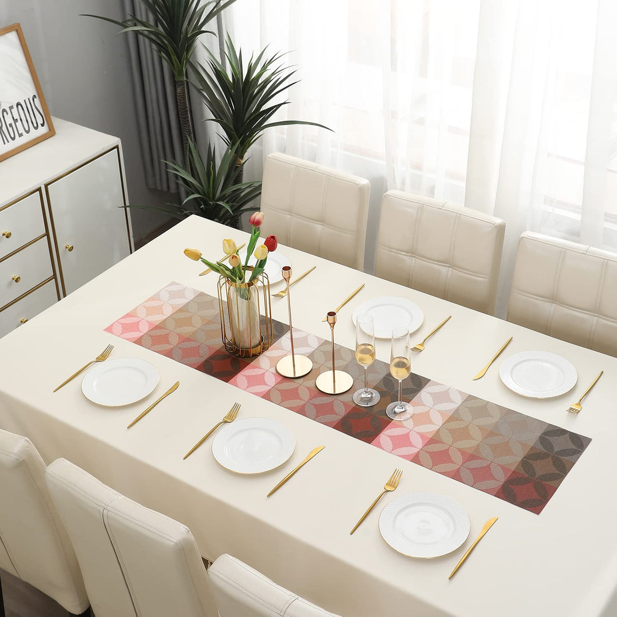 Buy Geometric Red Colour PVC Table Runner for Dining Table | HOKIPO