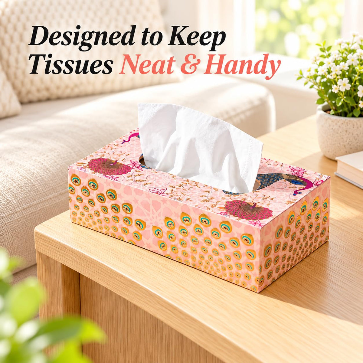 HOKIPO Tissue Box Holder, Rectangle, Engineered Wood, Gulabi Mayurvan - image 5