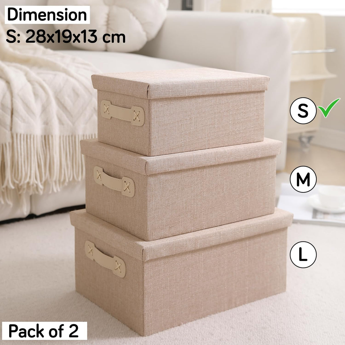 Organisers Storage Box with Lid, Beige, Pack of 2