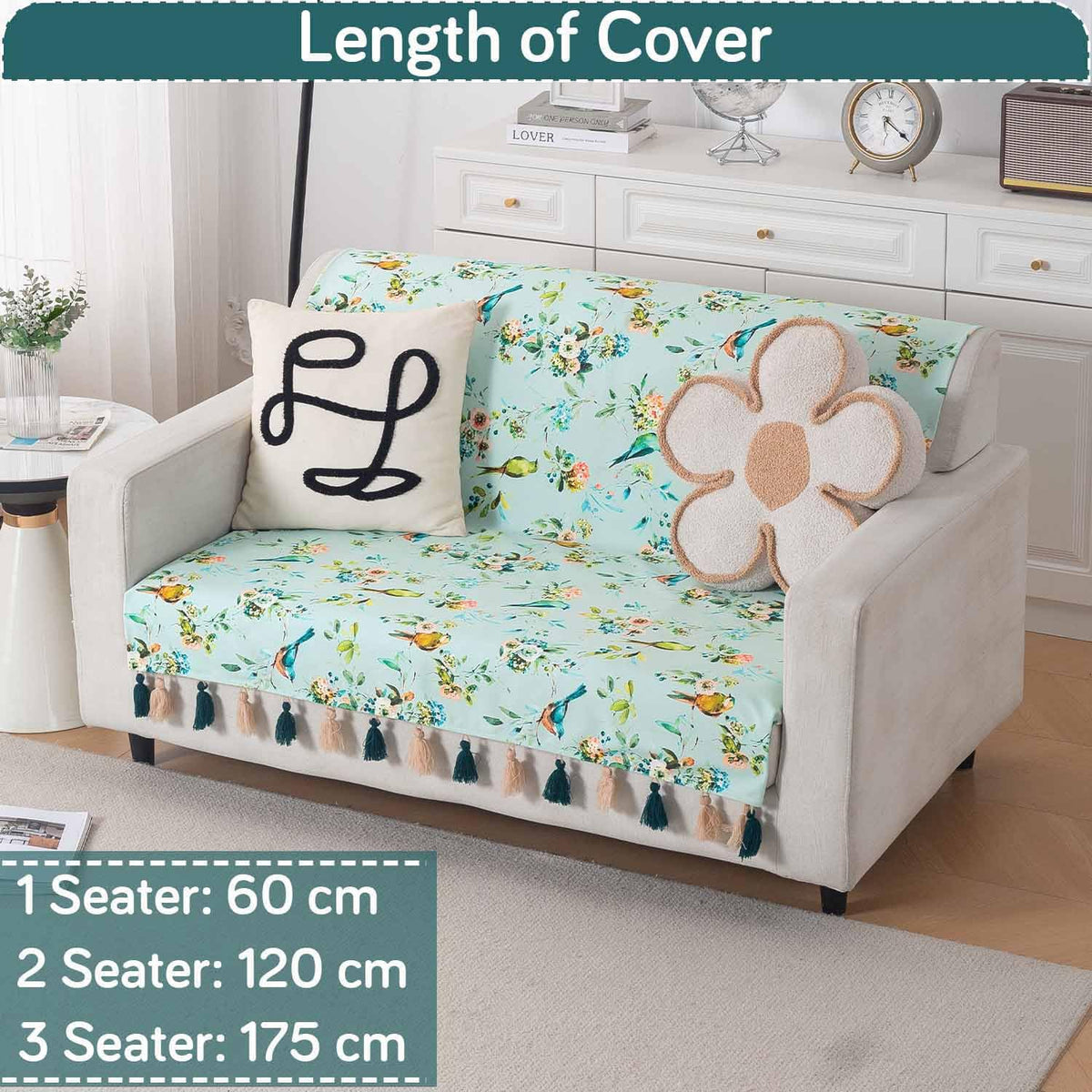 'Whispers of Nature' Series Holland Velvet Sofa Cover with Tassel, Mint Birdsong Blossom