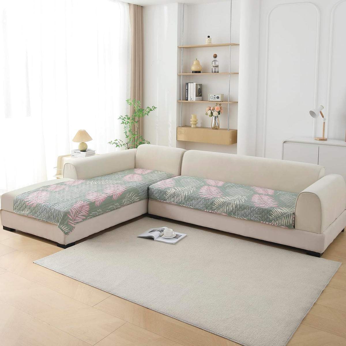 L Shape Sofa Cover Mat for 2+2/3+2/3+3 Seater, Quilted Printed Tropical Leaves Pastel Green