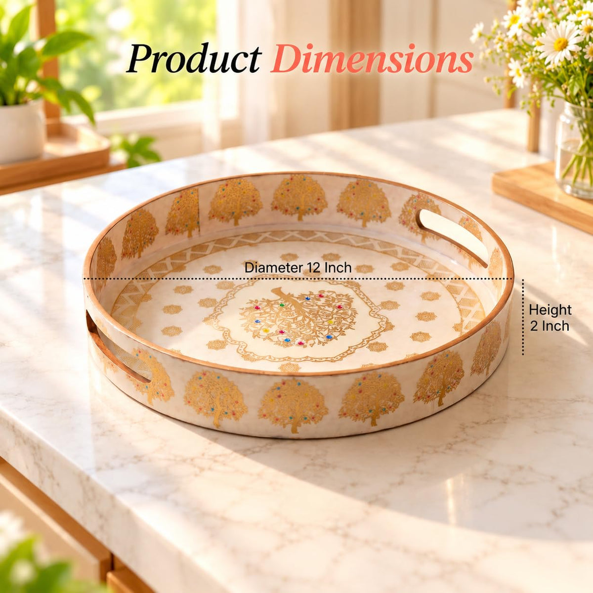 HOKIPO Round Serving Tray 12 in, Engineered Wood, Swarna Vriksha - image 6