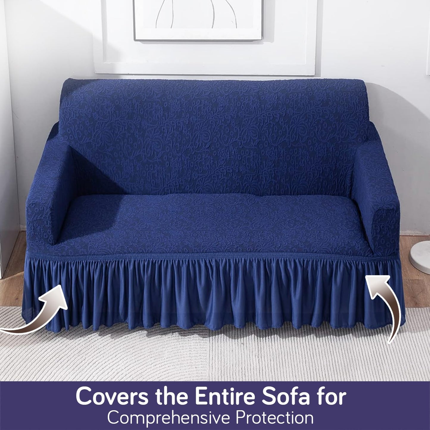 Elastic Stretchable Designer Woven Jacquard Sofa Cover with Frill, Navy Blue