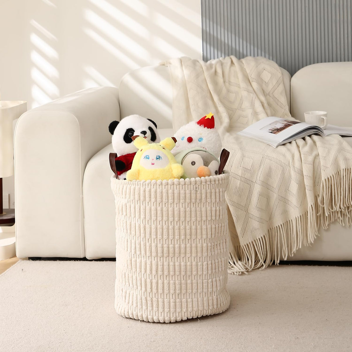Folding Laundry Bag for Clothes Hamper Collapsible Storage Basket, Cream