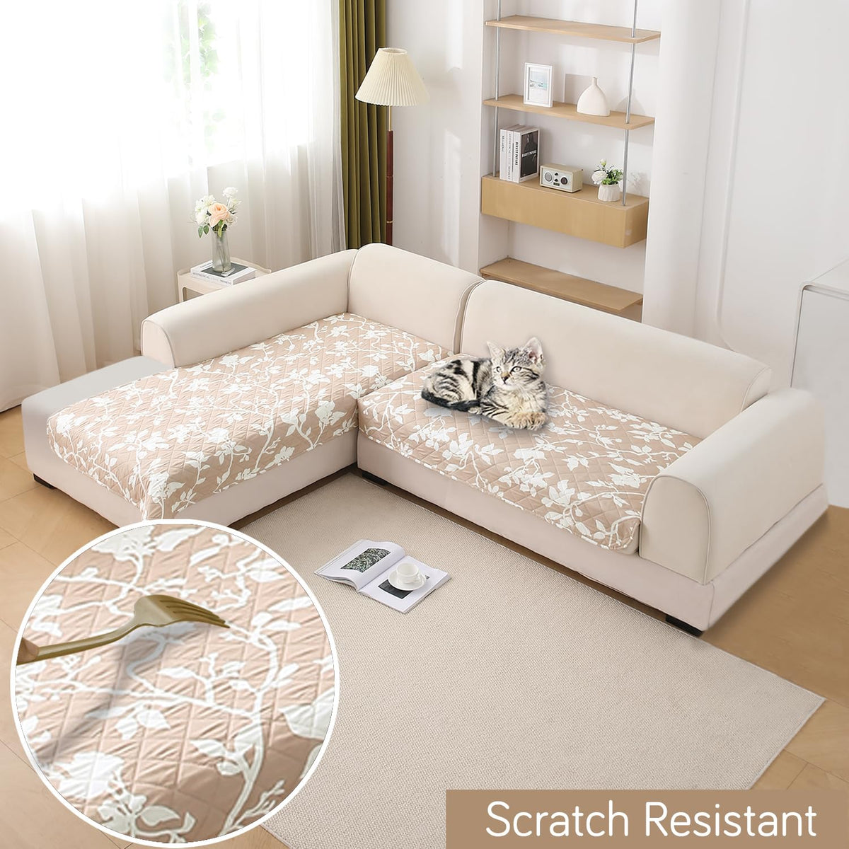 Waterproof Printed Quilted Quick Dry L Shape Sofa Seat Cover Mat, Buff Brown Sillehoute Floral
