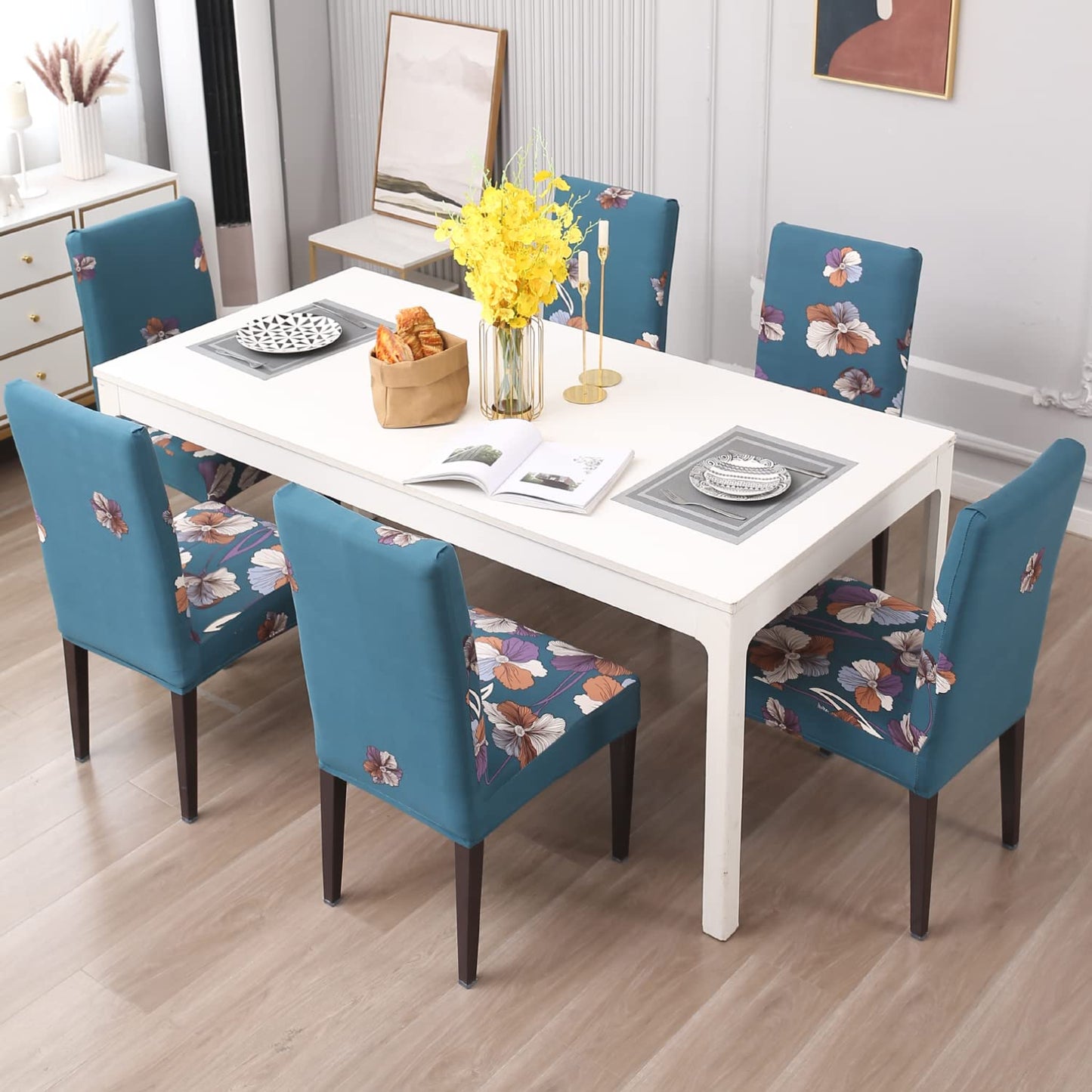 Elastic Stretchable Dining Chair Cover, Teal Blue Dragon Hibiscus