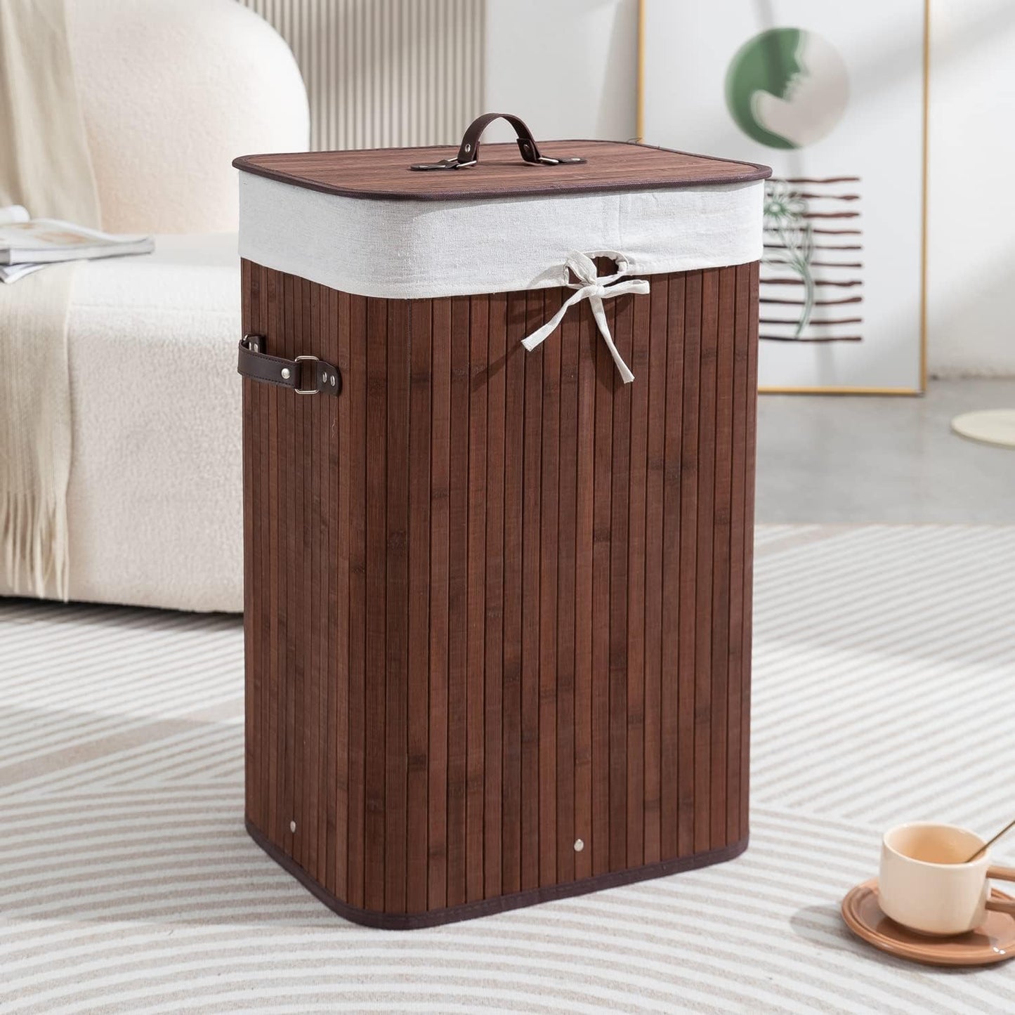 Eco-Friendly Foldable Bamboo Laundry Basket Hamper with Lid, Large - 81 Liter, Coffee Brown