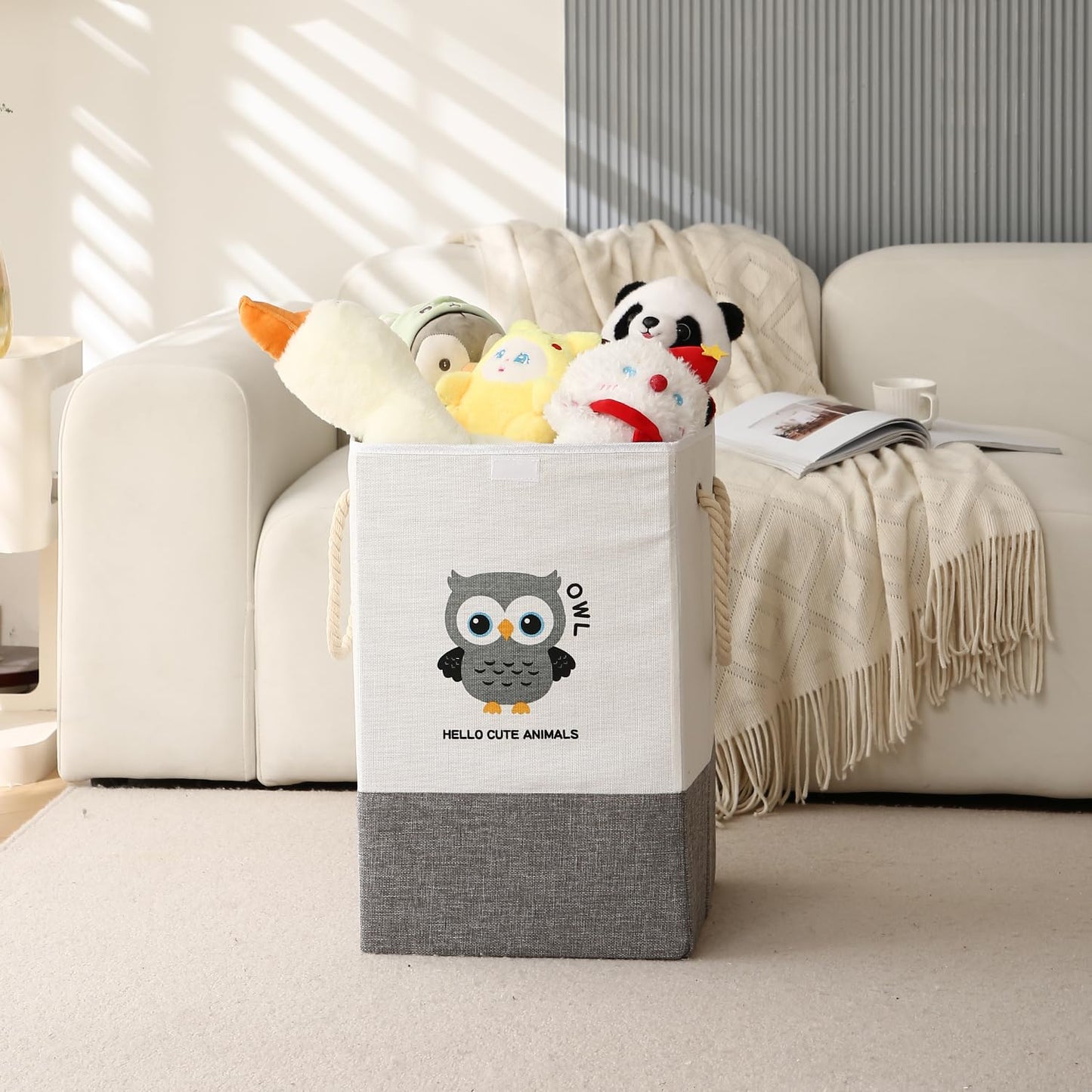 Foldable Laundry Basket for Clothes with Lid, Grey - Owl