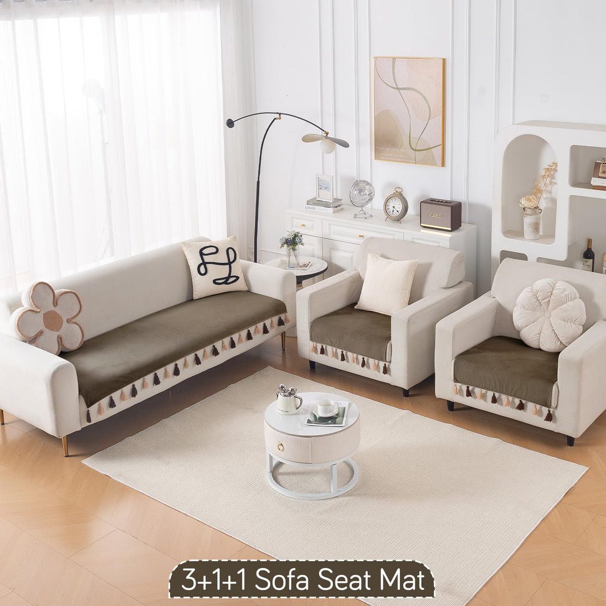 Premium Holland Velvet 5-Seater Sofa Cover (3+1+1), TasselTone Series | Coffee Brown