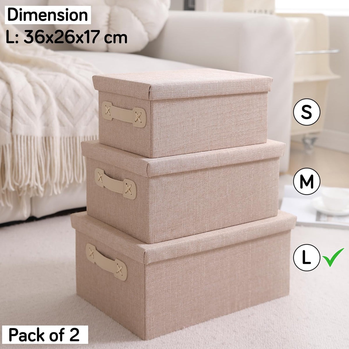 Organisers Storage Box with Lid, Beige, Pack of 2