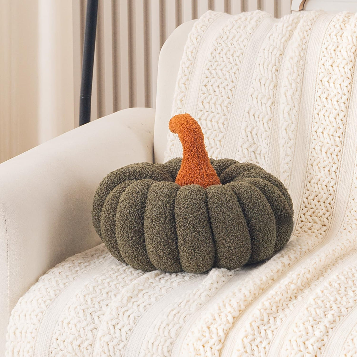 HOKIPO Pumpkin Shaped Throw Pillow for Party Decor, 35 cm, Olive Green