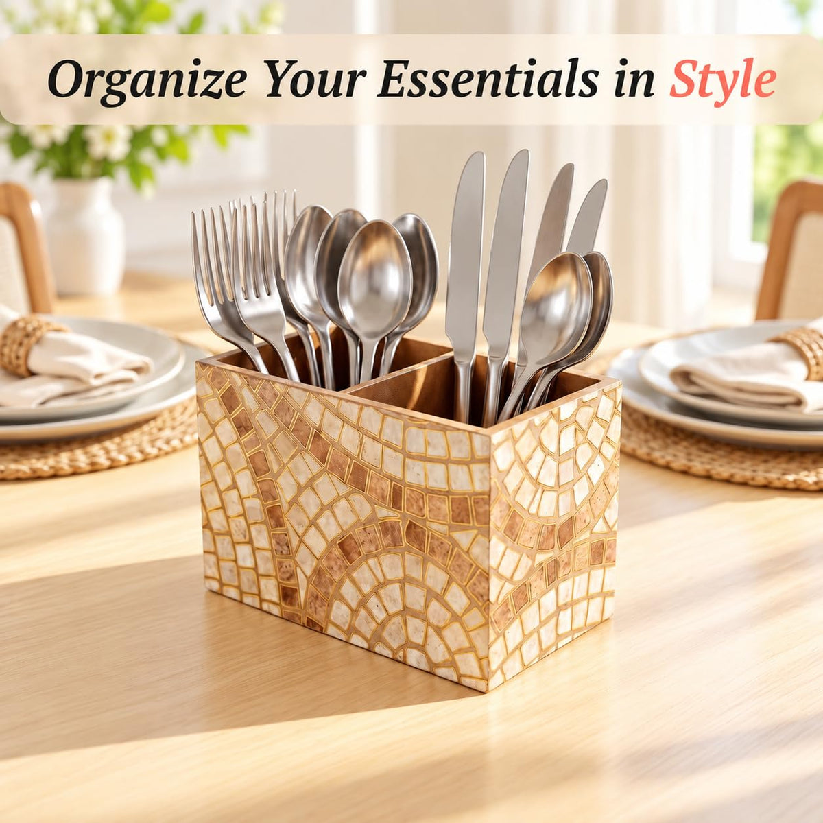 HOKIPO Cutlery Holder for Dining Table, Engineered Wood, Meher Mosaic - image 2