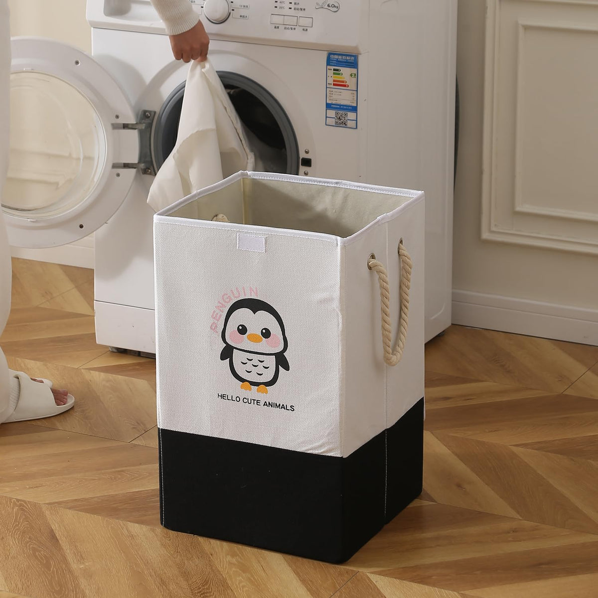 Foldable Laundry Basket for Clothes with Lid, Black - Penguin