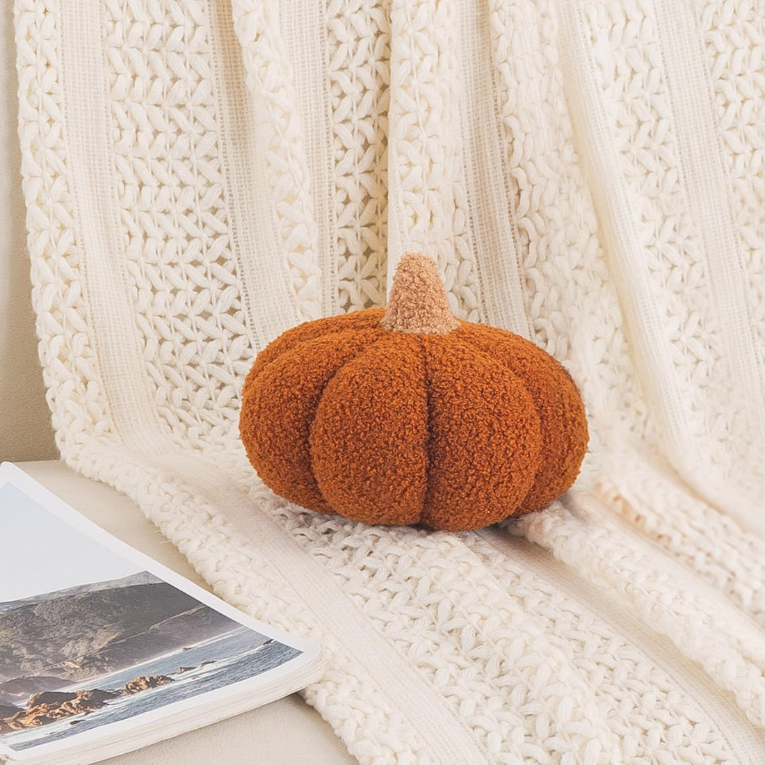 HOKIPO Pumpkin Shaped Plush Cushion for Autumn Decor, 19 cm, Brown
