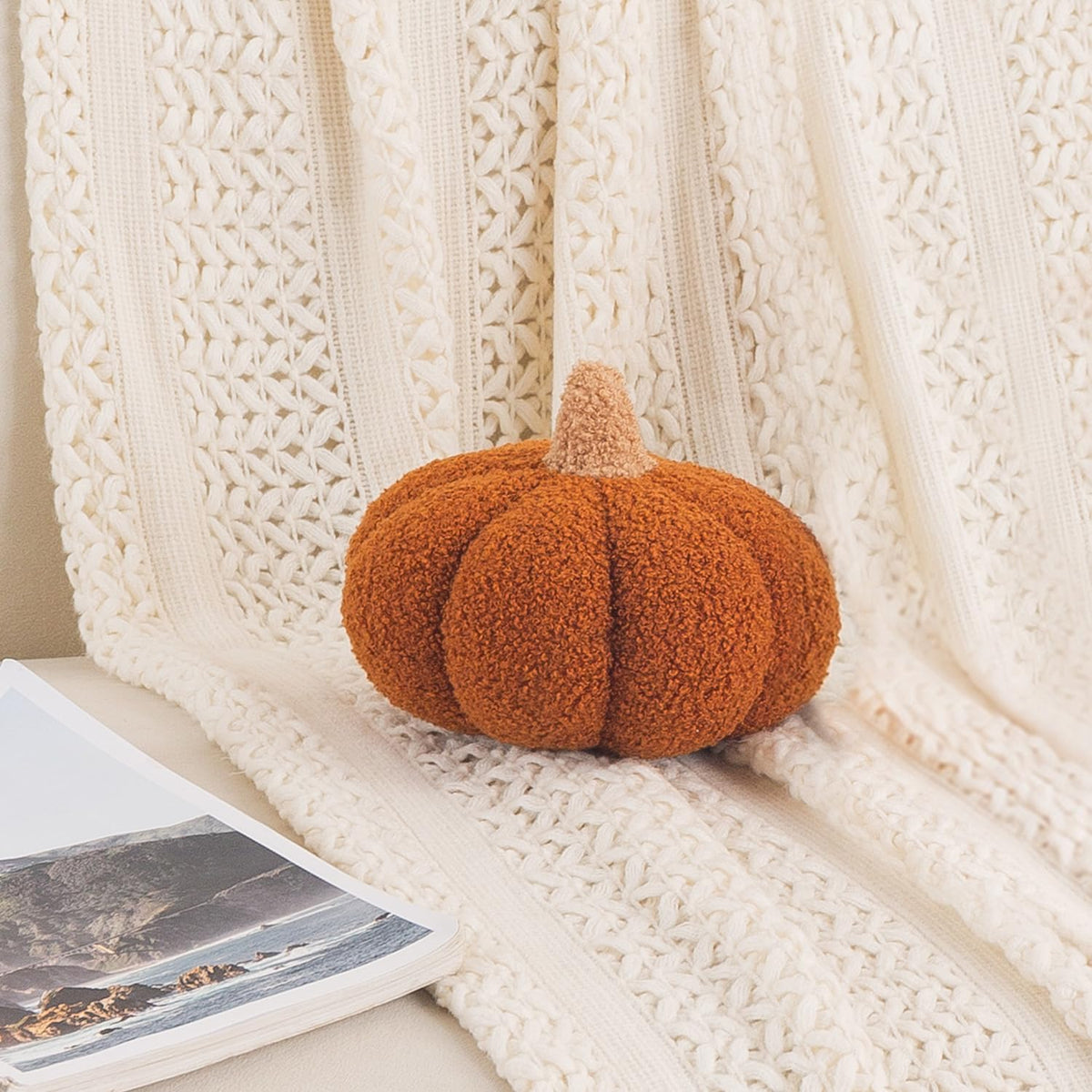 HOKIPO Pumpkin Shaped Plush Cushion for Autumn Decor, 19 cm, Brown