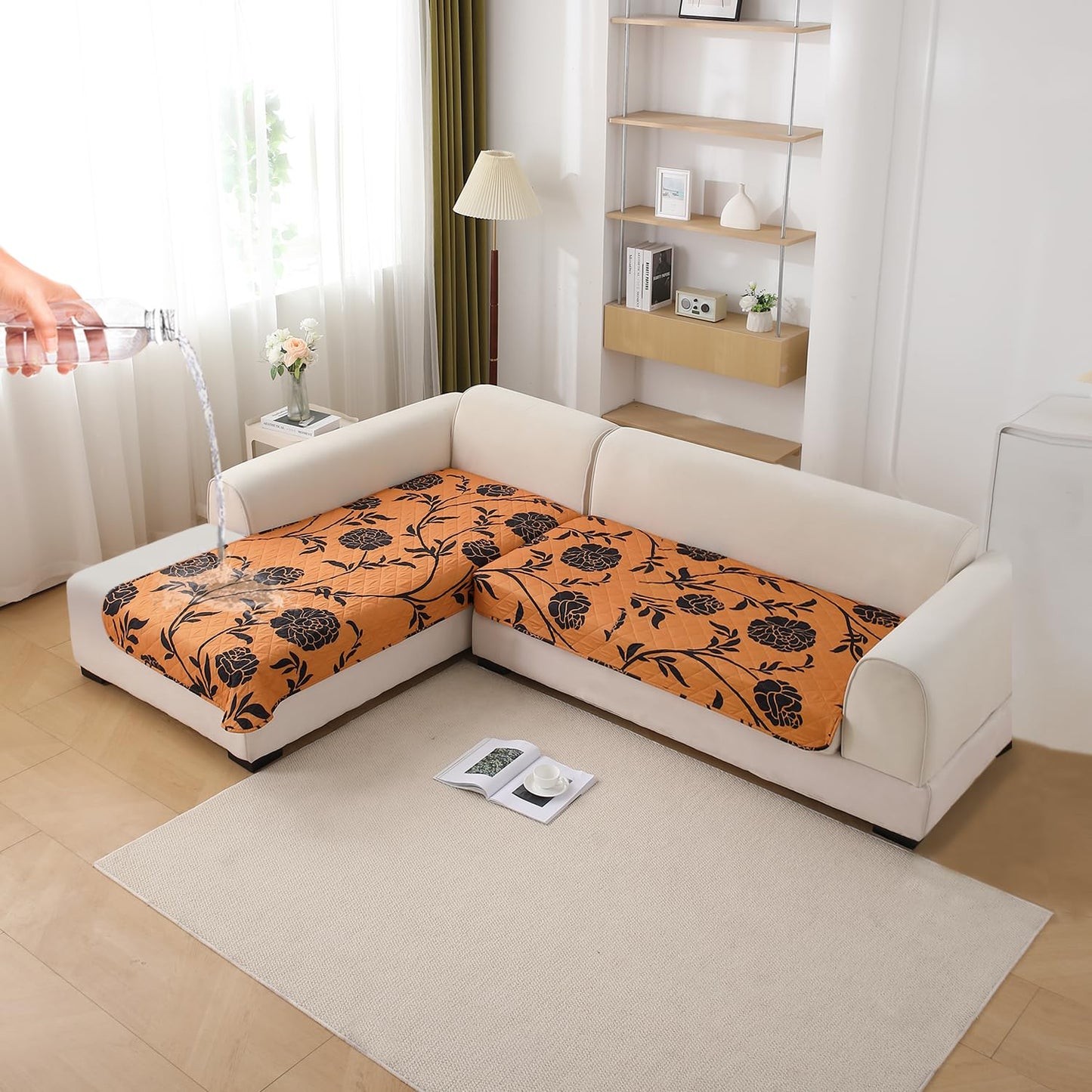 Waterproof Printed Quilted Quick Dry L Shape Sofa Seat Cover Mat, Copper Brown Floral