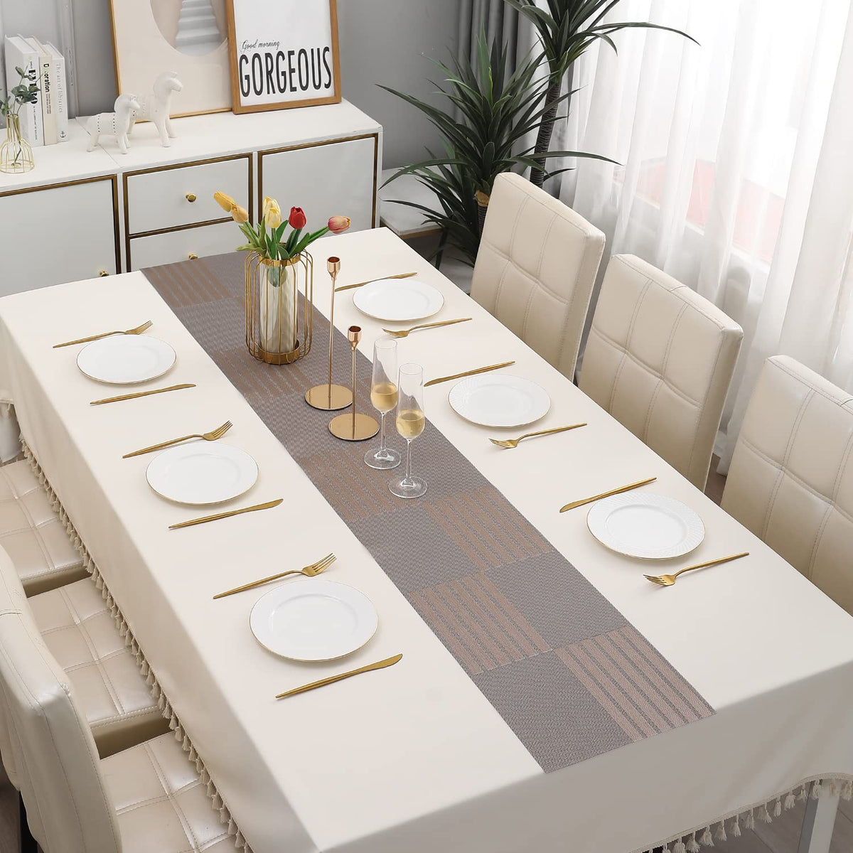 Buy Light Brown Colour PVC table runner for dining table | HOKIPO