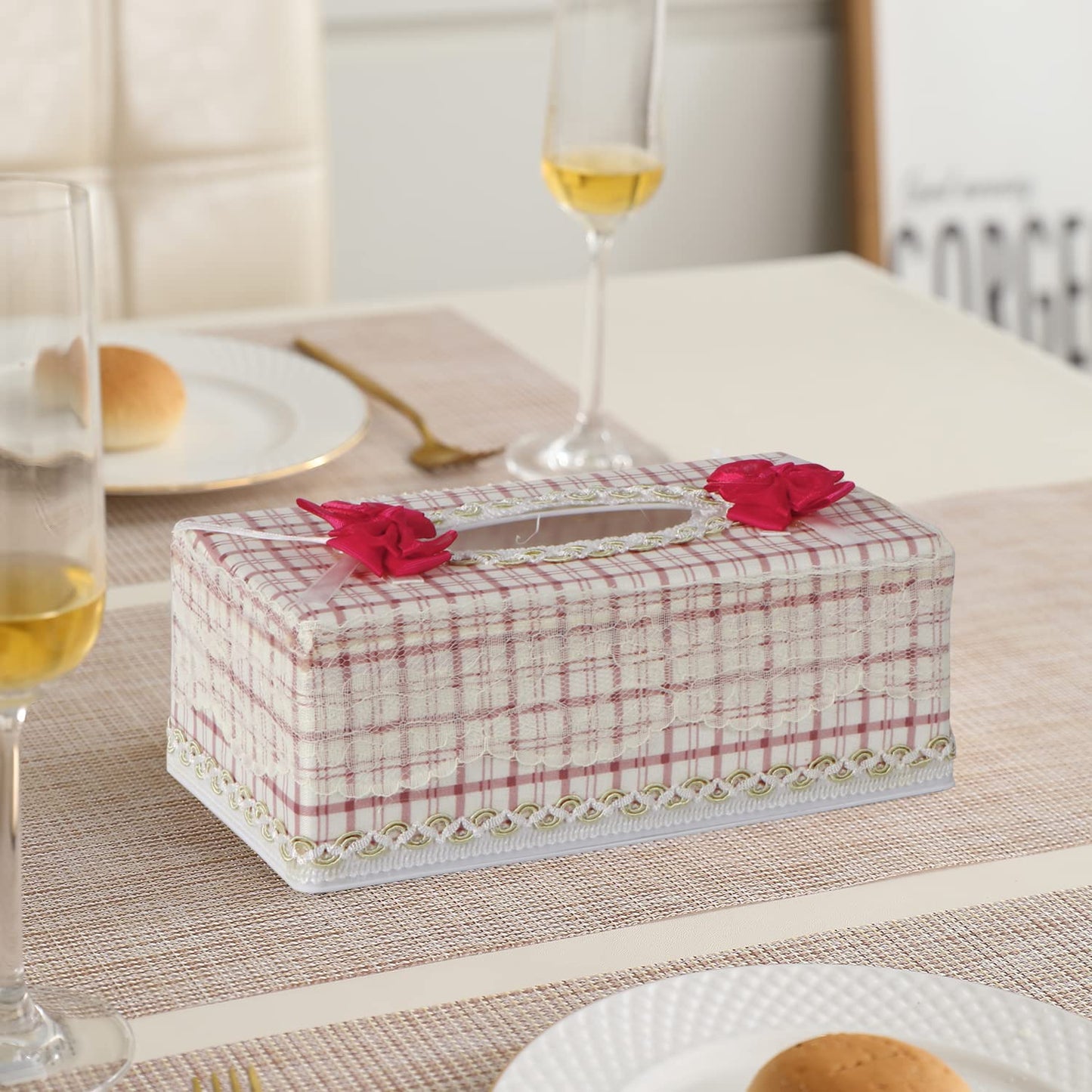 Plastic Tissue Box Holder, Checkered Pink