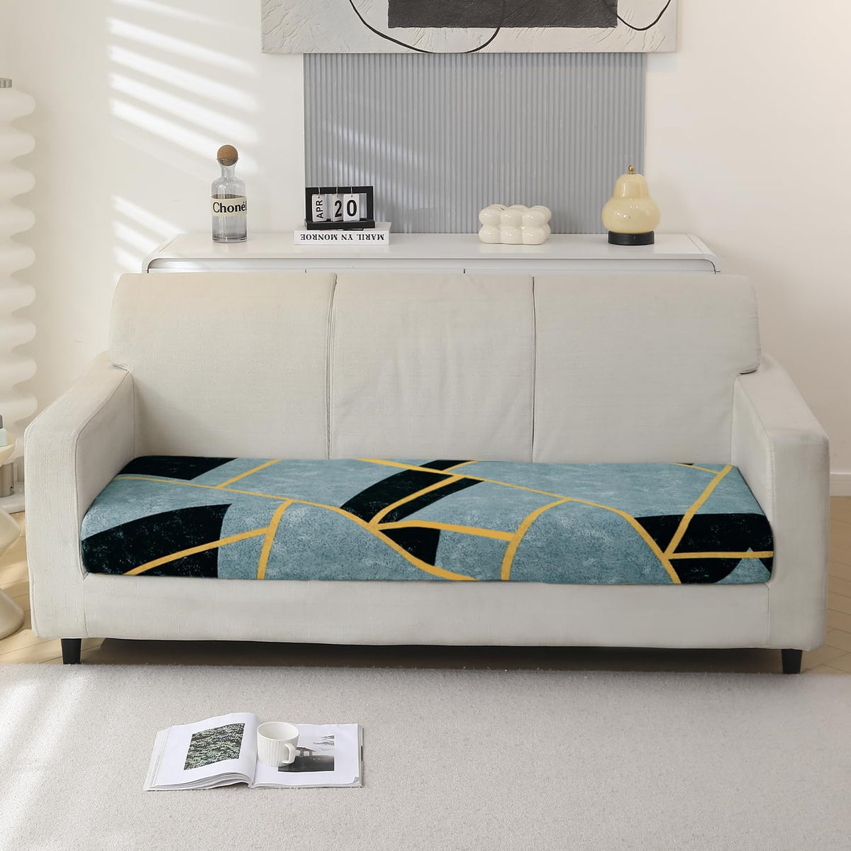 140 GSM Stretchable Printed Elastic Sofa Cushion Seat Cover for 1 /2 /3 Seaters / Pieces for Sofa, Multicolor Abstract Geometry