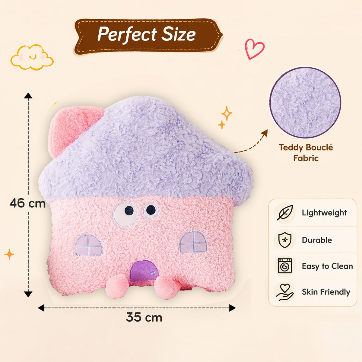 HOKIPO Mushroom House Shaped Cushion for Kids Room & Nursery, 46 cm, Pink