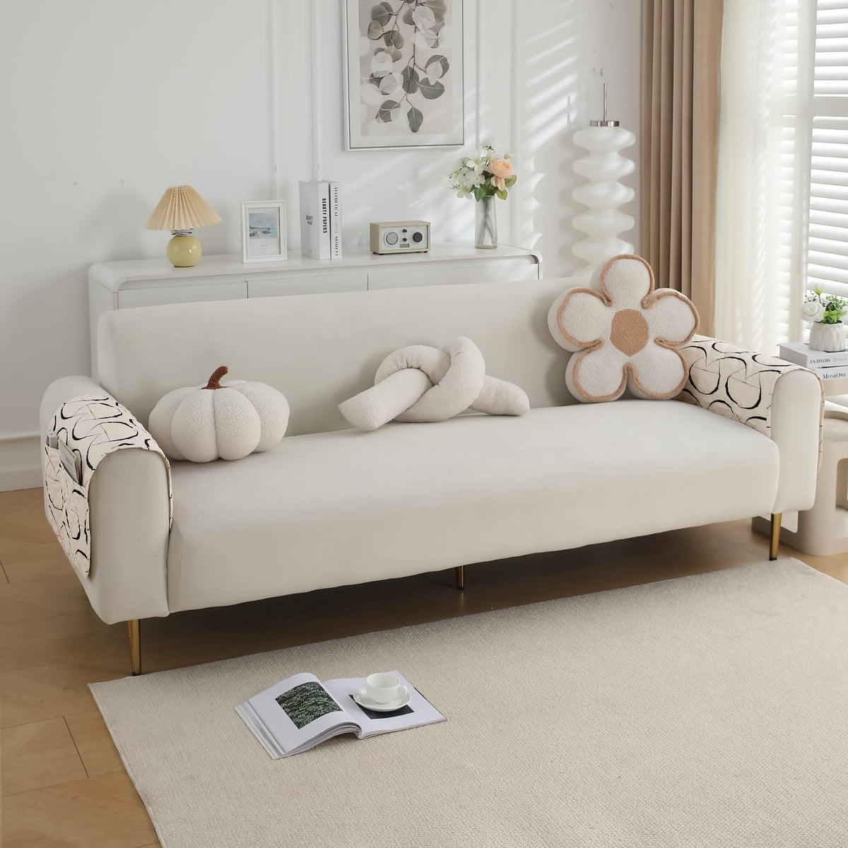 Water Repellent + Waterproof Quilted Sofa Mats, Natural Beige Abstract Art