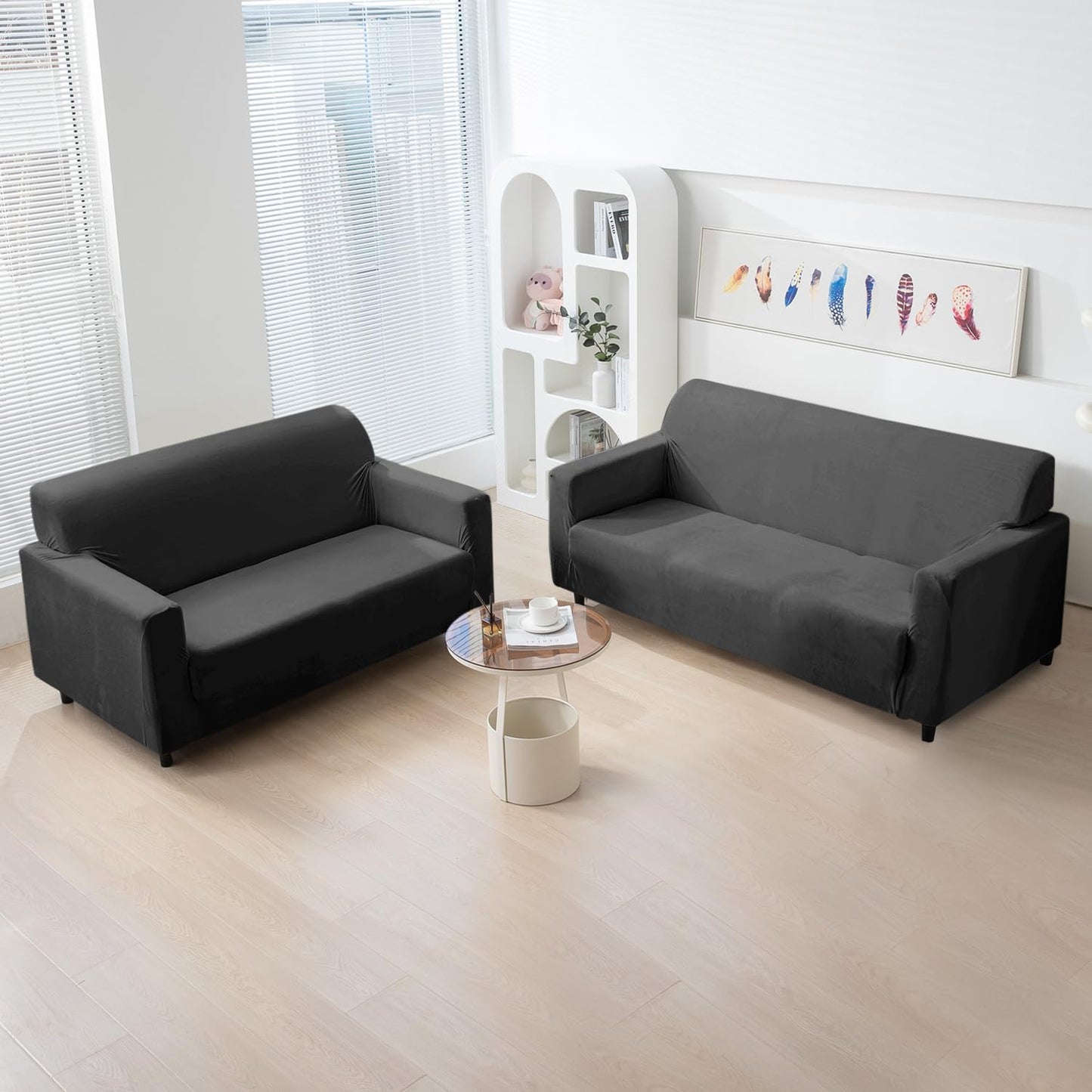 Dark Grey premium elastic velvet sofa cover​ for 3+2 seater sofa set