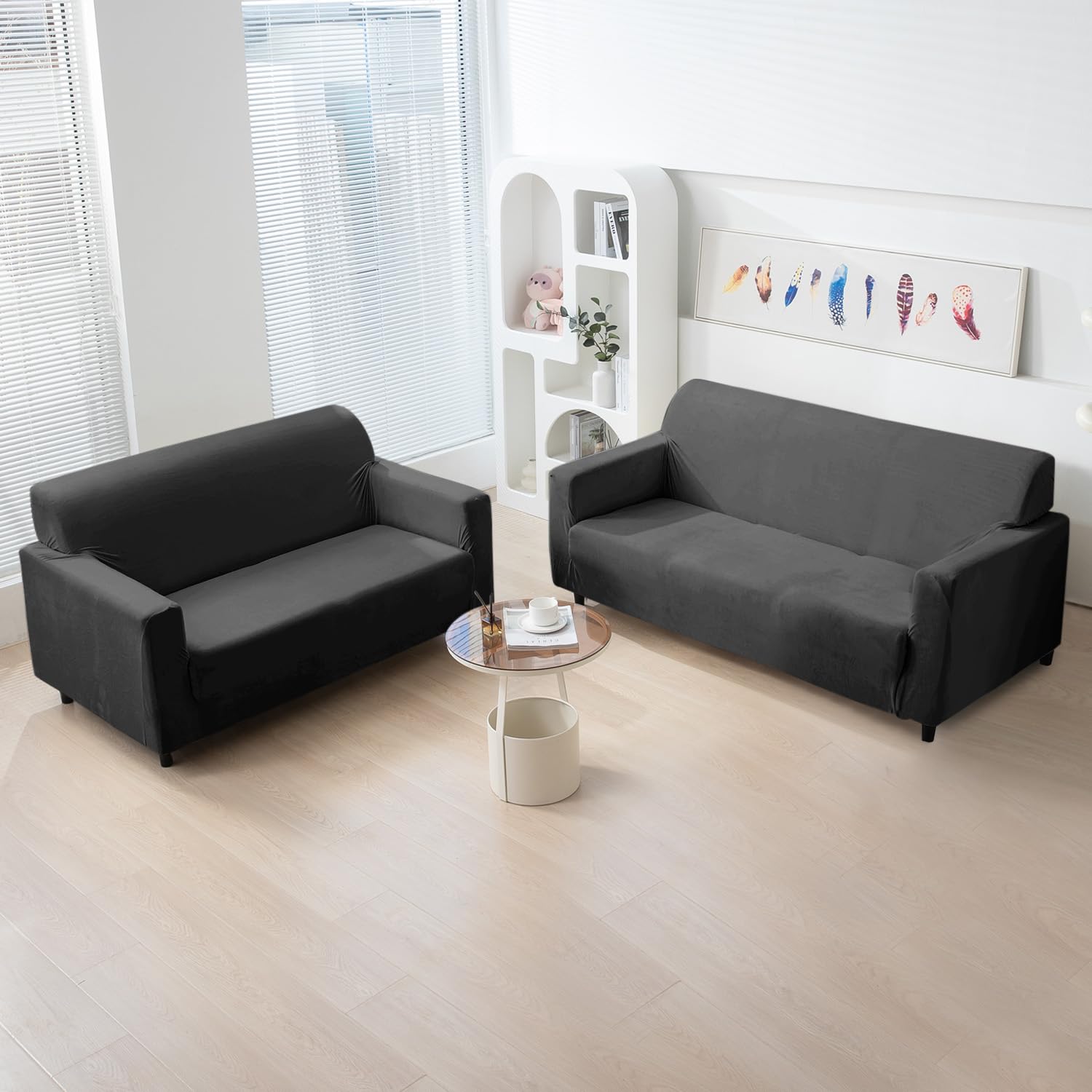 Dark Grey premium elastic velvet sofa cover​ for 3+2 seater sofa set