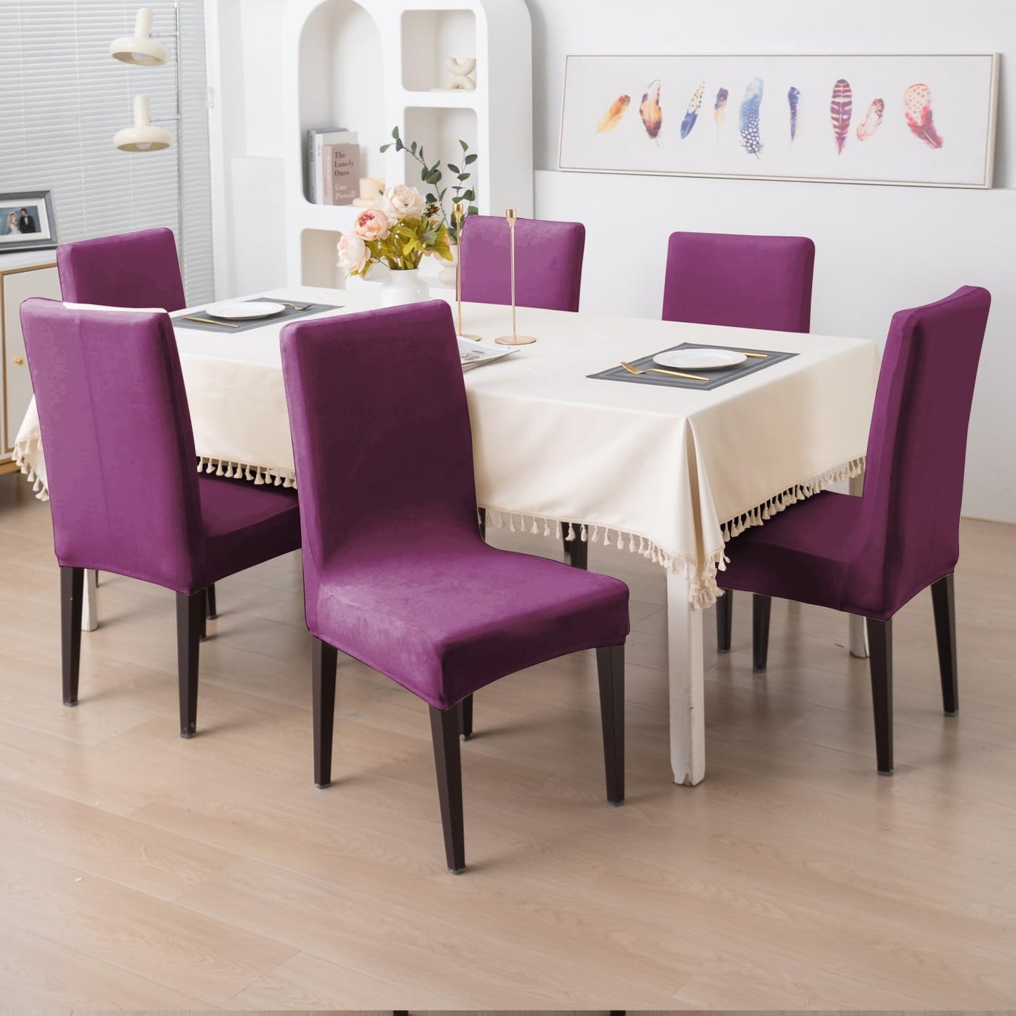 Elastic Stretchable Premium Velvet Dining Chair Cover, Purple