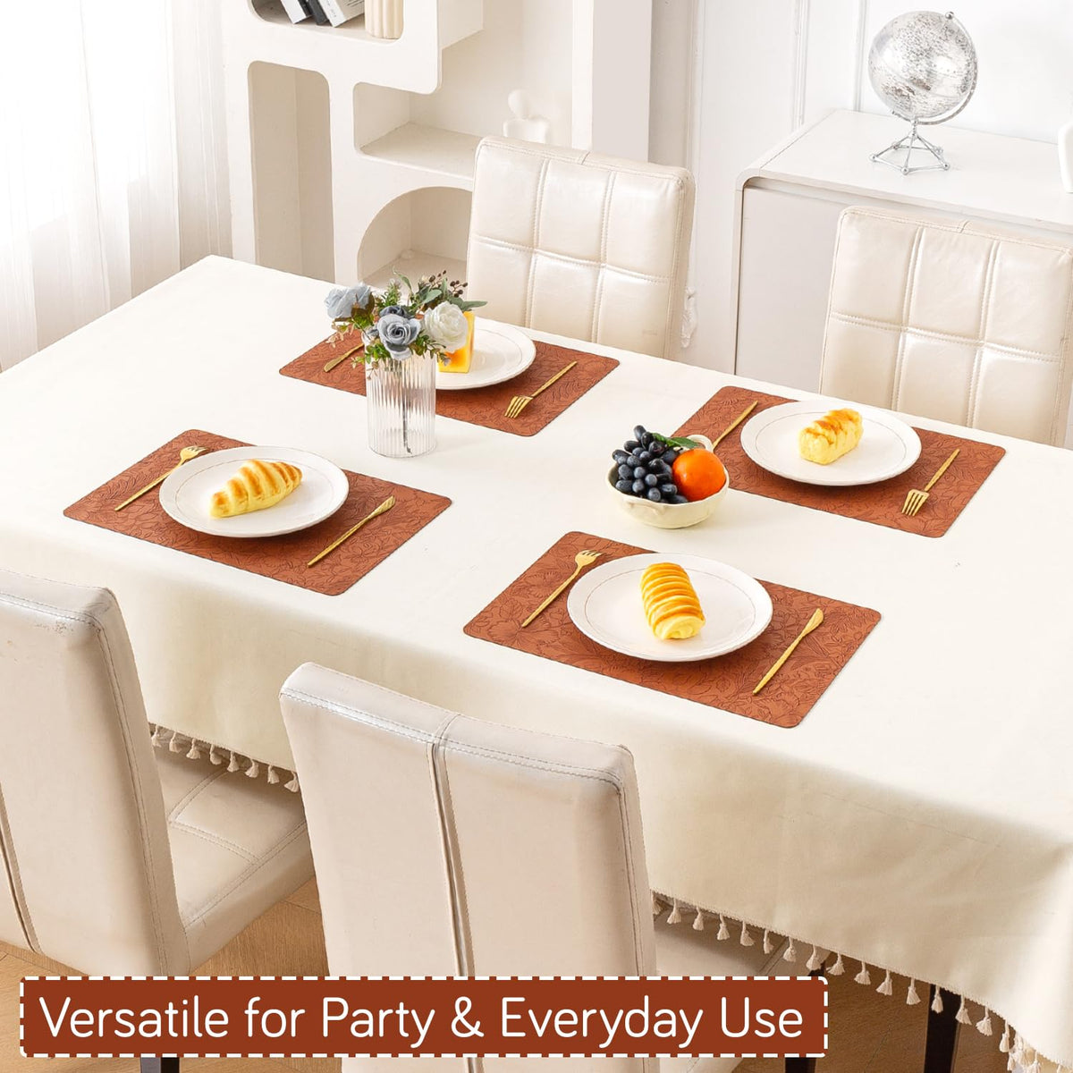 Hibiscus Bloom Washable Leather Mats for Dining Table - Amber Brown