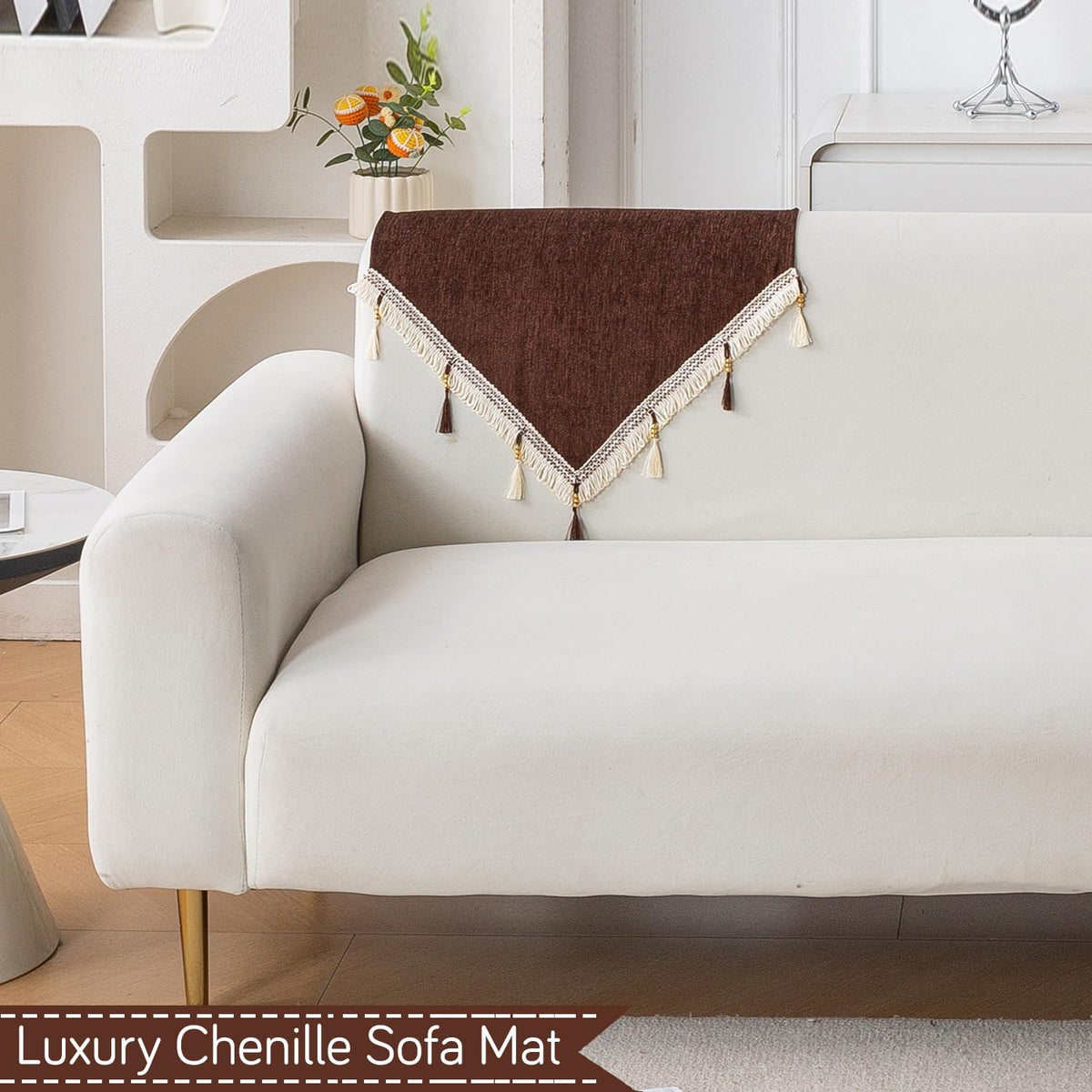 Serenity Tassel Chenille Sofa Cover with Tassel – Chestnut Luxe