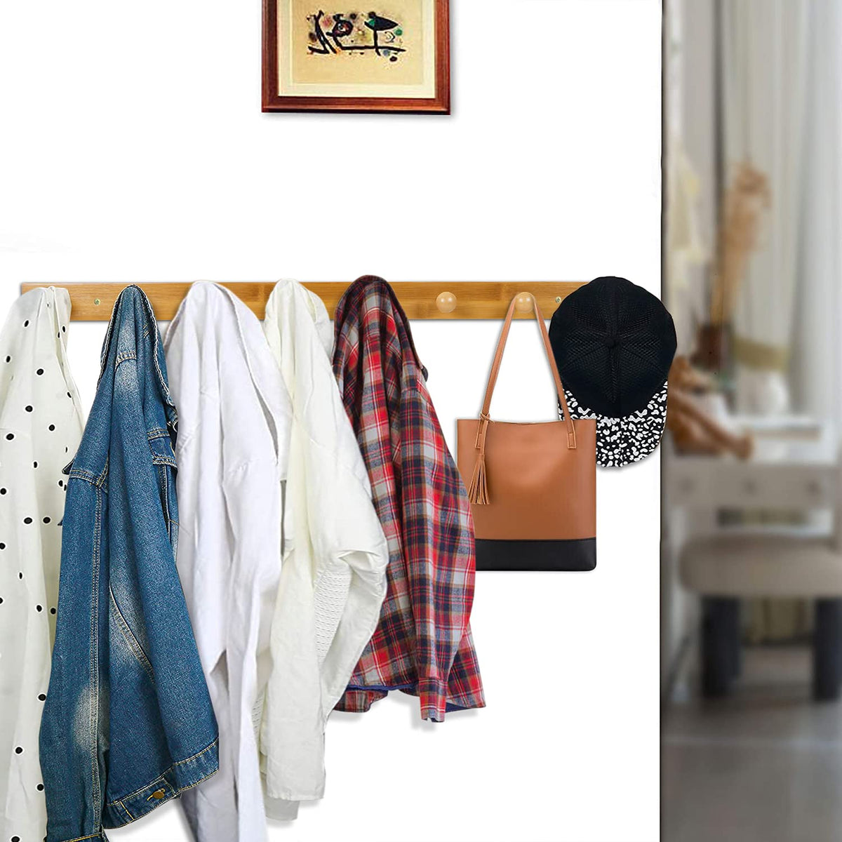 Bamboo Wooden Heavy Duty Wall Mounted Hooks for Hanging - 8 Hooks for Clothes, bags, towel, keys & more