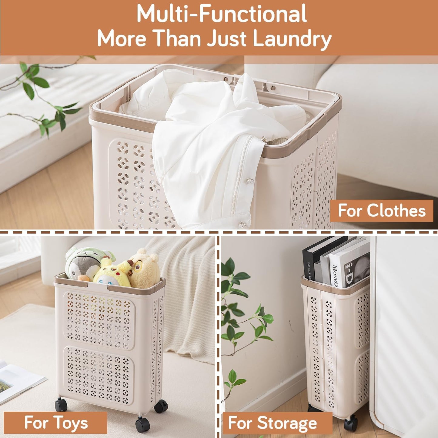 HOKIPO Foldable Laundry Basket with Wheels for Clothes, Toys & More - Beige