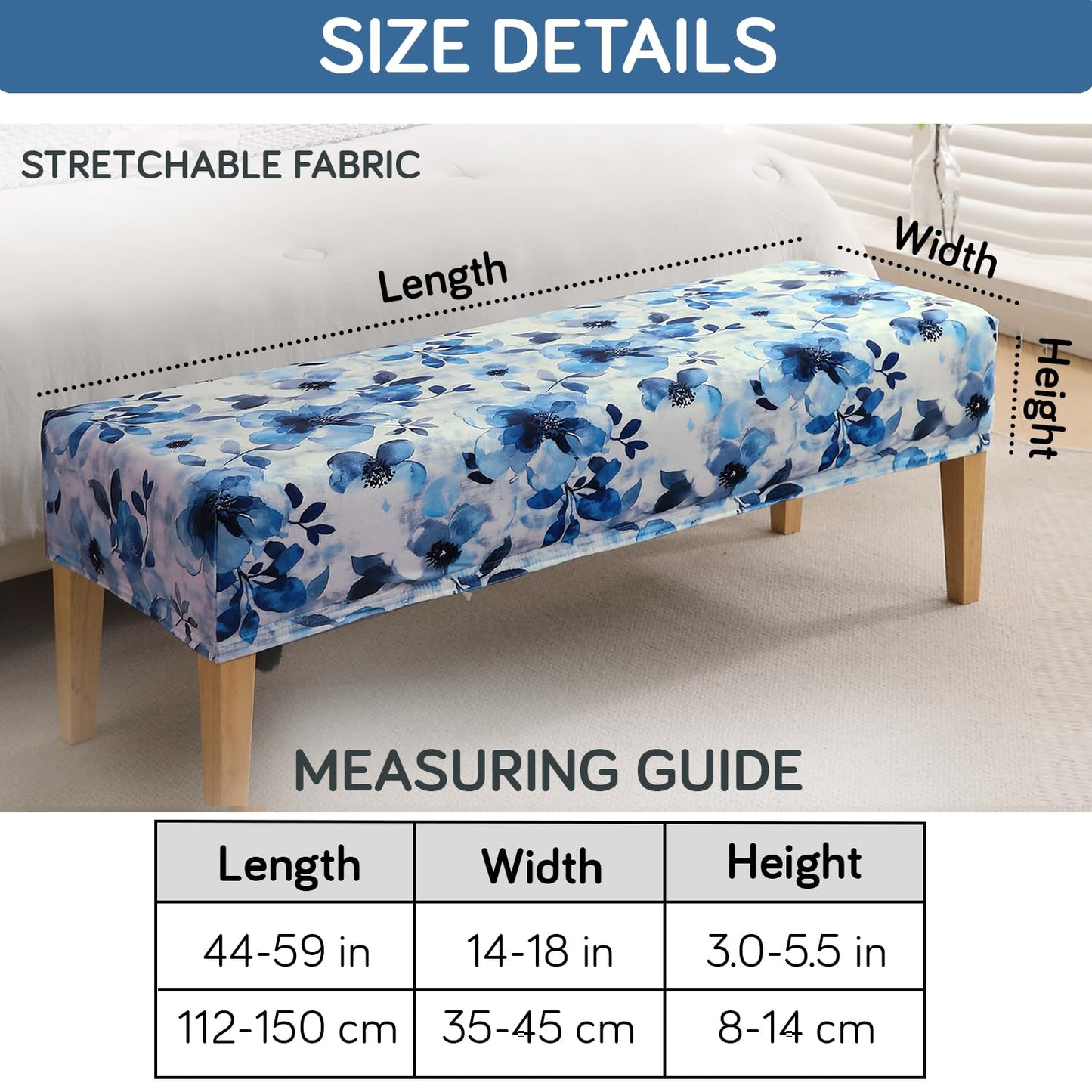 Premium Printed Velvet Elastic Dining Bench Cover, Blue Azure Botanical