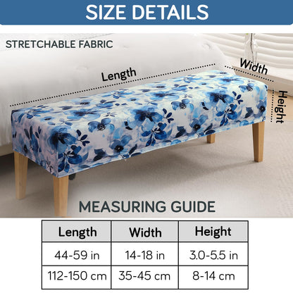Premium Printed Velvet Elastic Dining Bench Cover, Blue Azure Botanical