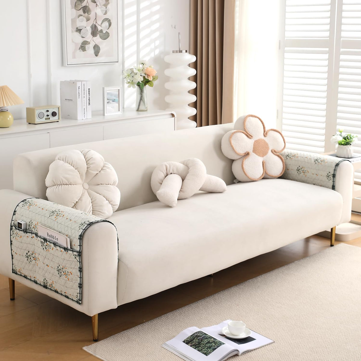 'Homehues' Printed Quilted Sofa Cover Mats, Light Green Ash Gypsy Flower