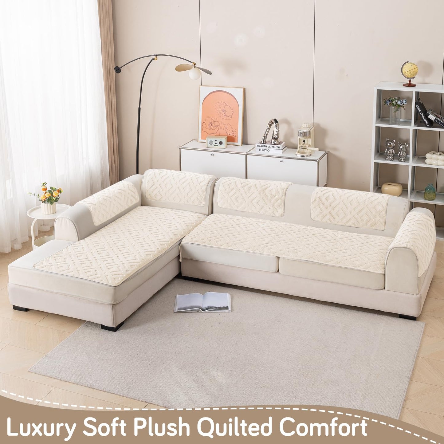 Velvet Maze Premium L Shape Sofa Cover Seat Mat, Beige