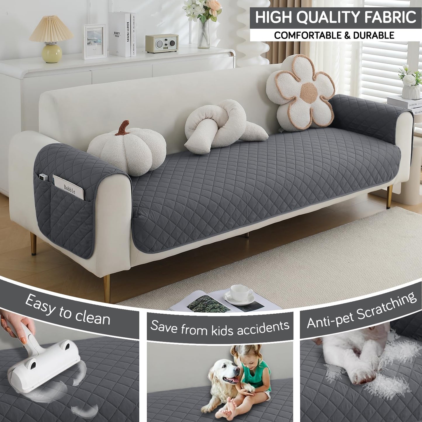 HOKIPO Quilted Waterproof Sofa Seat Mat with 2 Armrest Covers with Pockets, Dark Grey