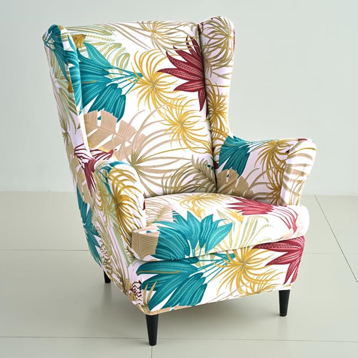 Cane Beige Ferns Stretchable Chair Covers for Wingback Chairs