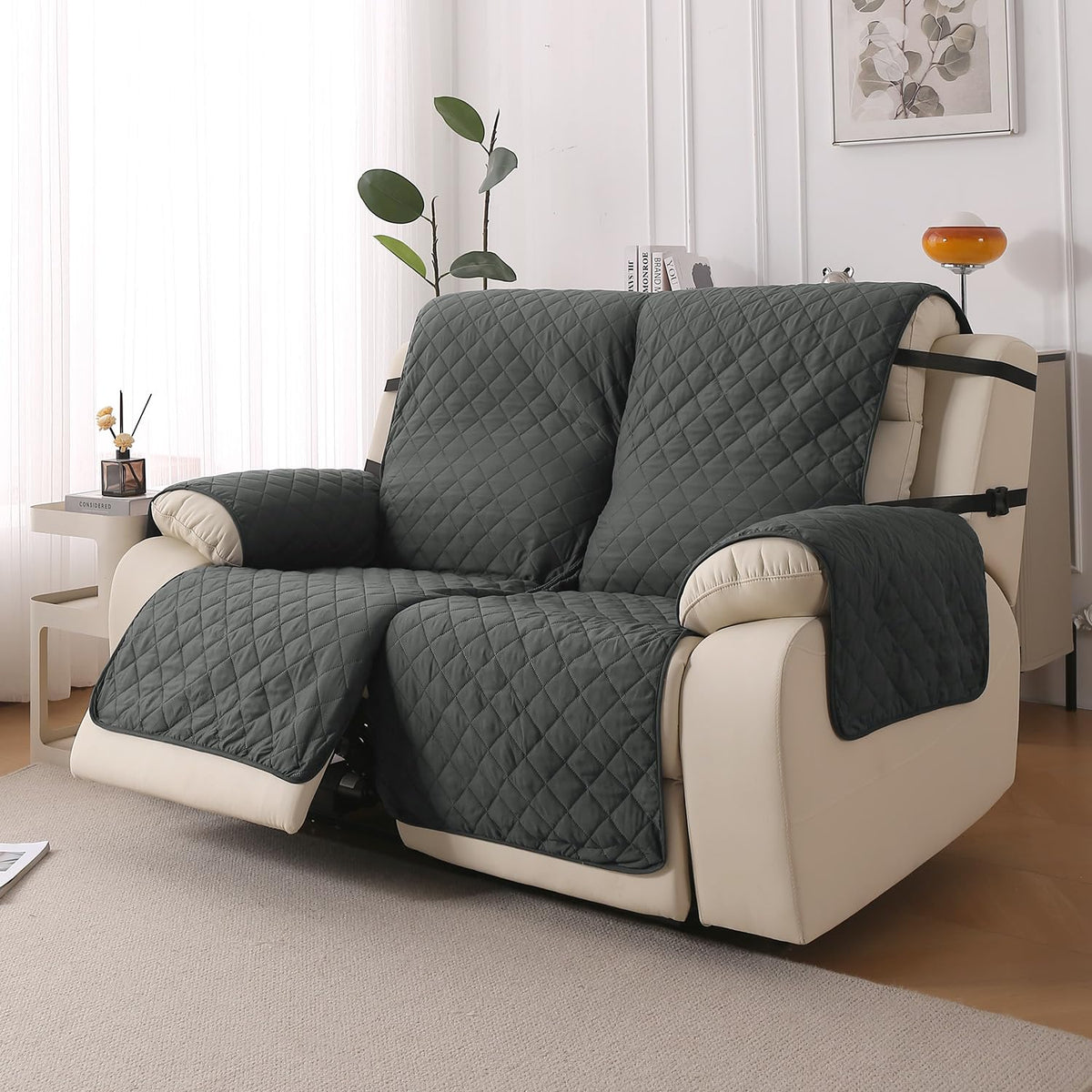 UrbanQuilt Recliner Sofa Slipcover Mat with Dual Belt for 1/2/3 Seater - Anchor Grey