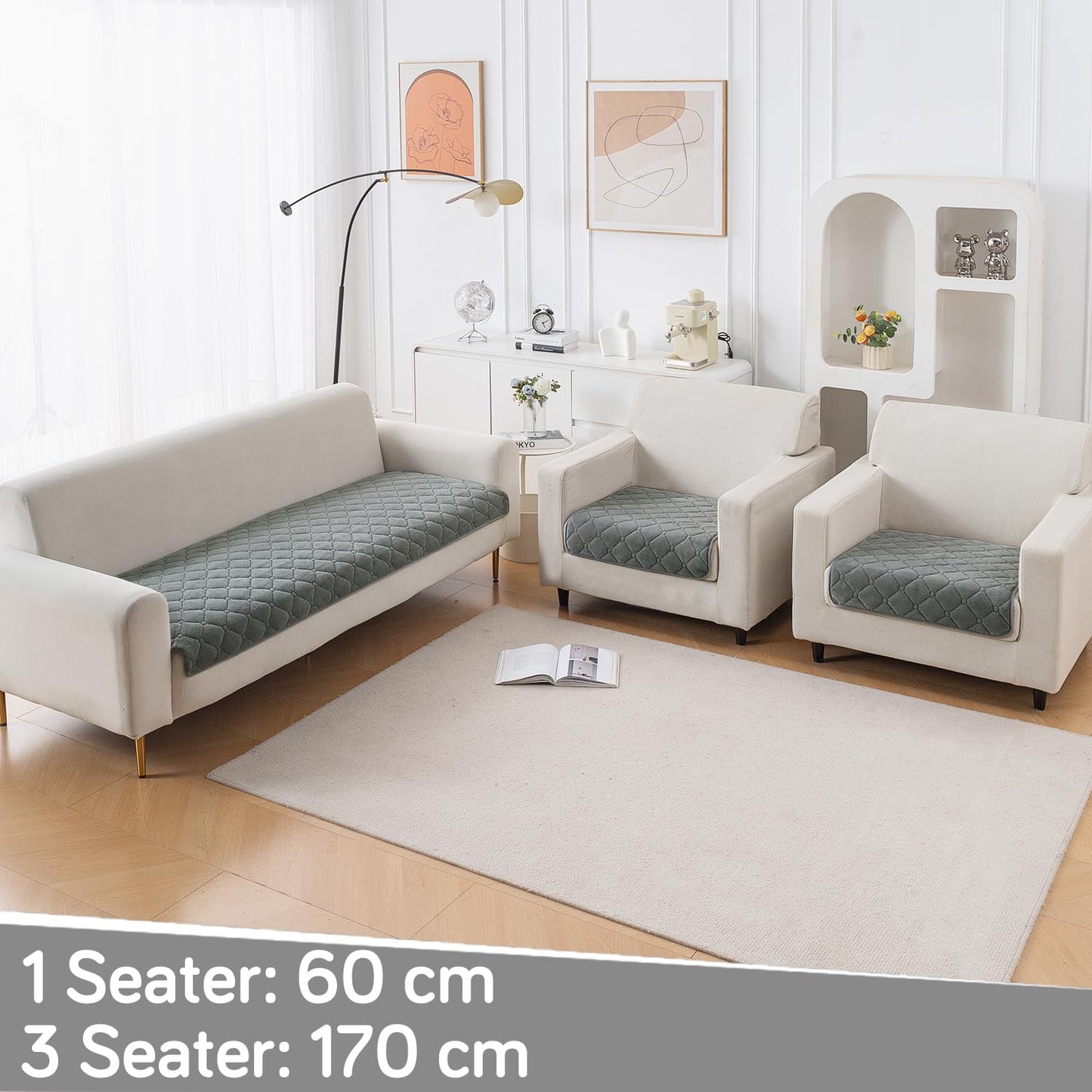 Diamond Tuft Quilted 5-Seater Sofa Mat (3+1+1), Anti-Slip, Stone Grey
