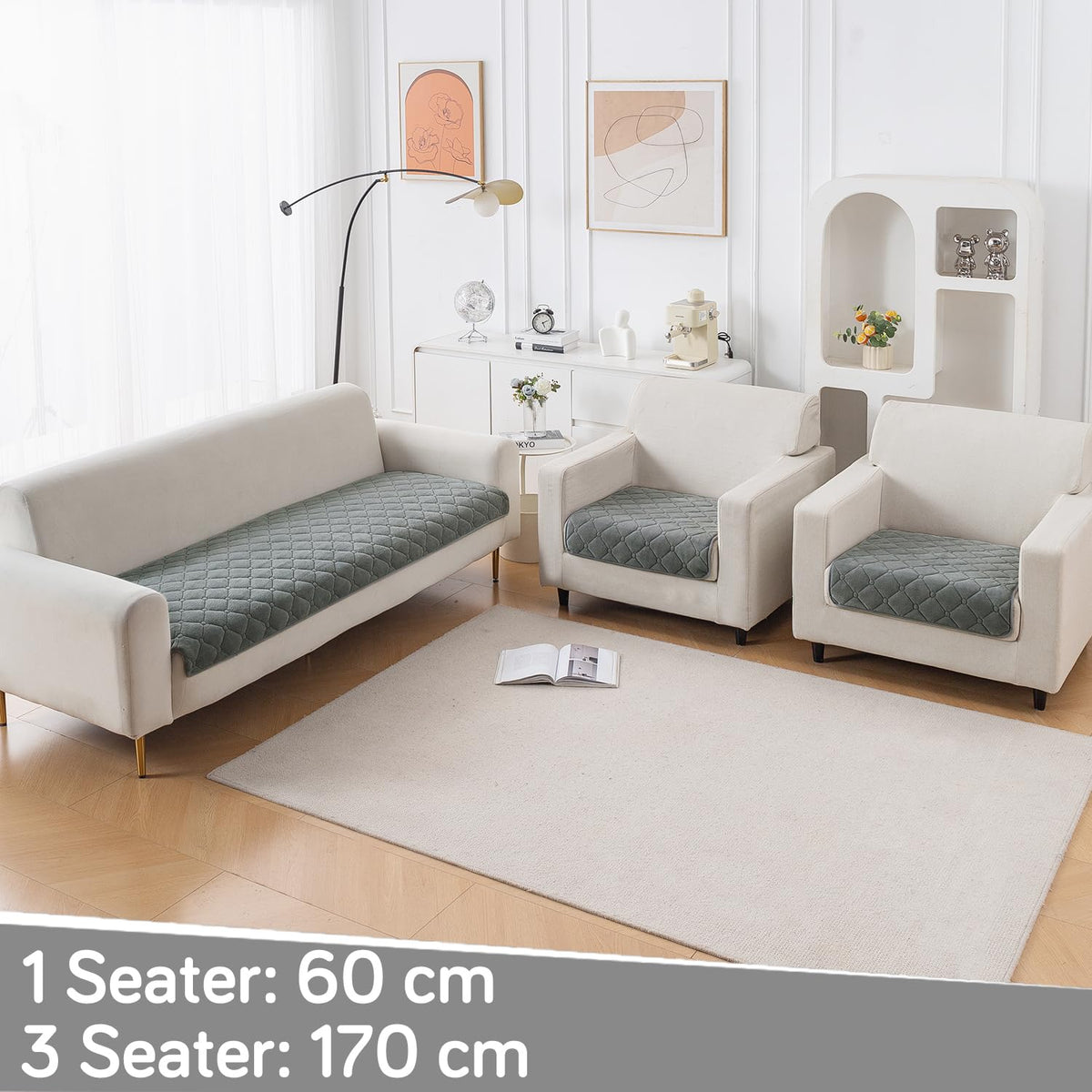 Diamond Tuft Quilted 5-Seater Sofa Mat (3+1+1), Anti-Slip, Stone Grey