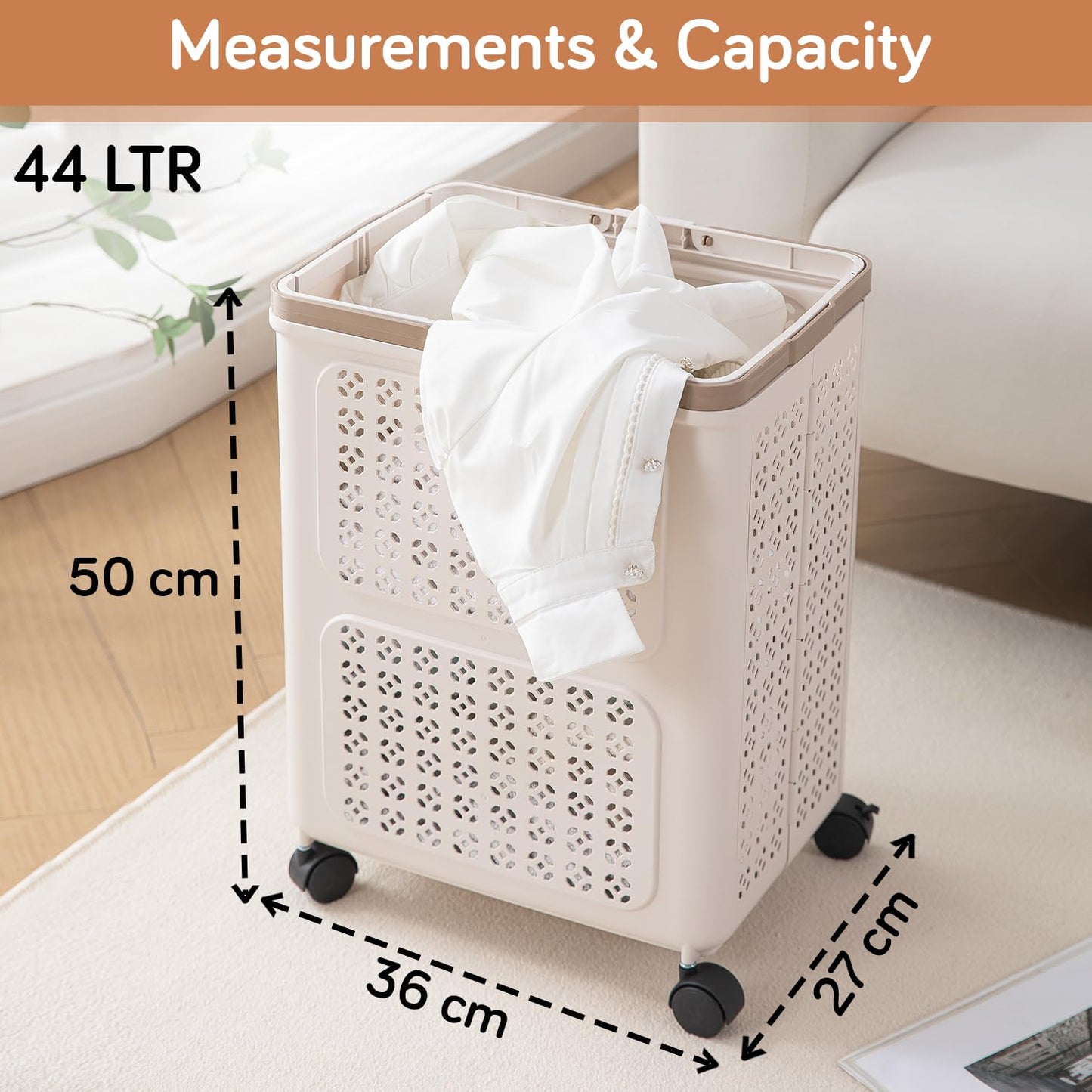 HOKIPO Foldable Laundry Basket with Wheels for Clothes, Toys & More - Beige