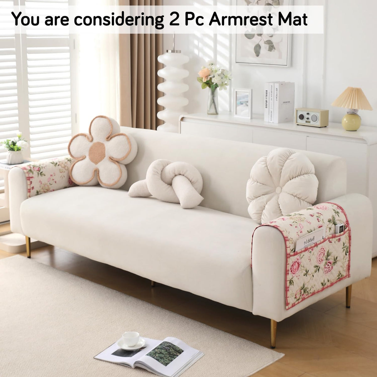 'Homehues' Printed Quilted Sofa Cover Mats, Beige Peonies