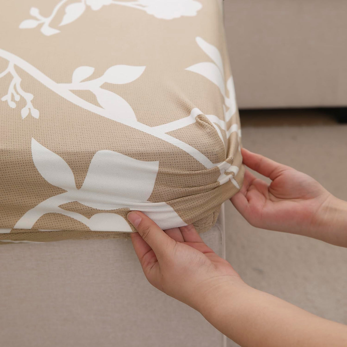 140 GSM Stretchable Printed Elastic Sofa Cushion Seat Cover for 1 /2 /3 Seaters / Pieces for Sofa, Buff Brown Sillehoute Floral